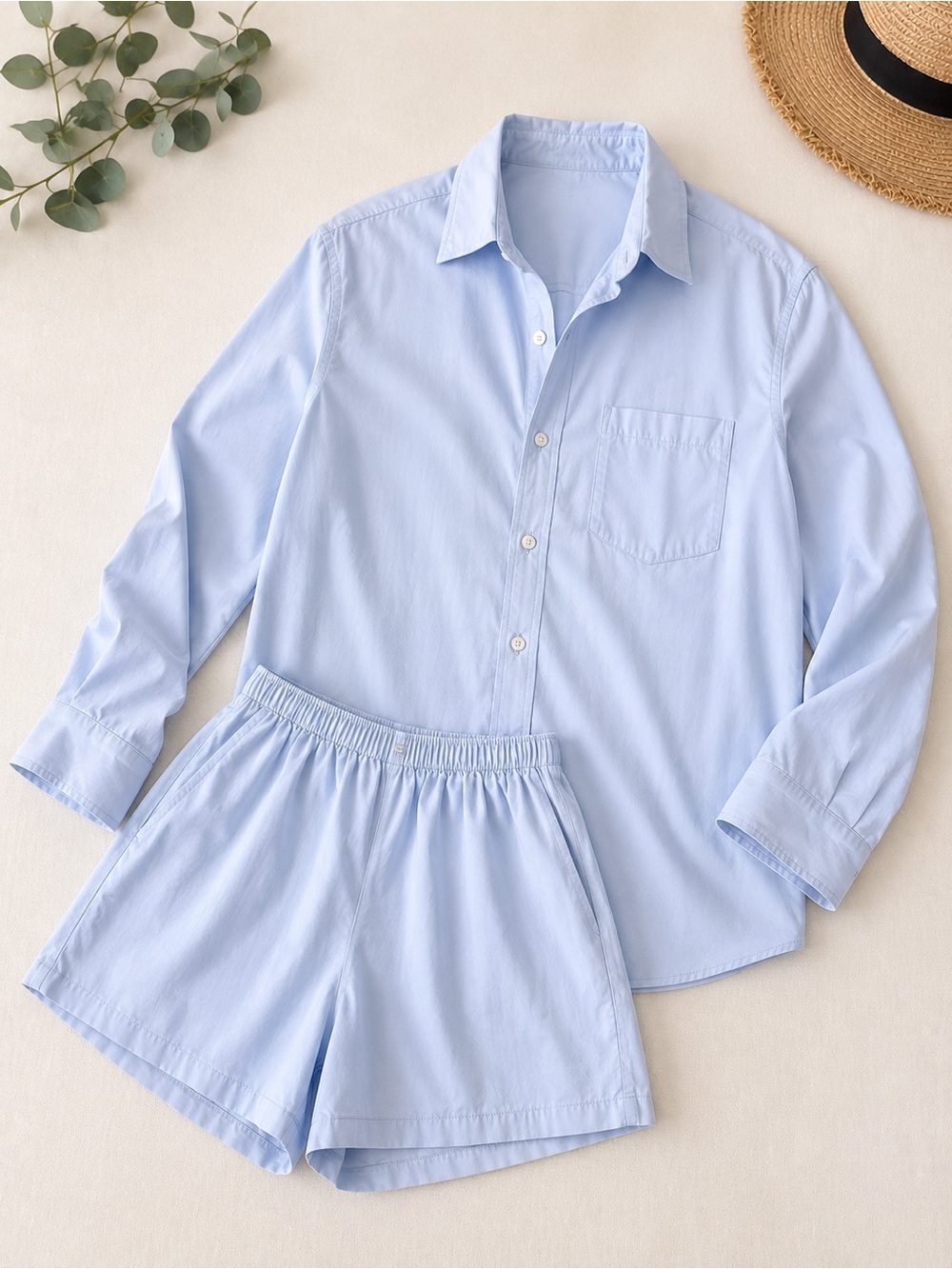 Commence Blue Cotton Lounge Set Pajama Shorts Button Up Shirt Size L